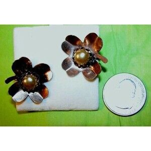 Victorian 4 Leaf Clover Rose Gold Plate Earring Pearl Basket Shamrock Steampunk